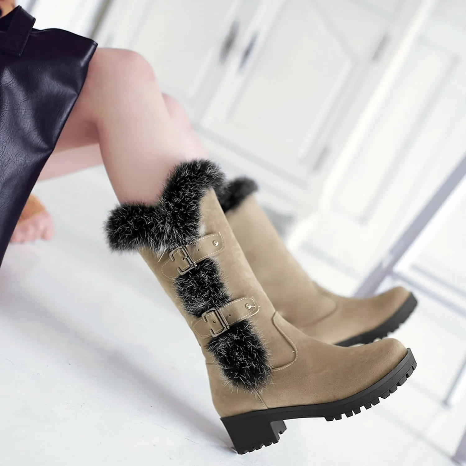 Crzidha Winter Snow Boots for Women Metal Buckle Chunky Low Heel Fashion Winterry Mid-Calf High Boot Warm Faux Winter Lined Pull On Short Boot Round Toe Casual Faux Suede Comfortable Walking Outdoor Shoes