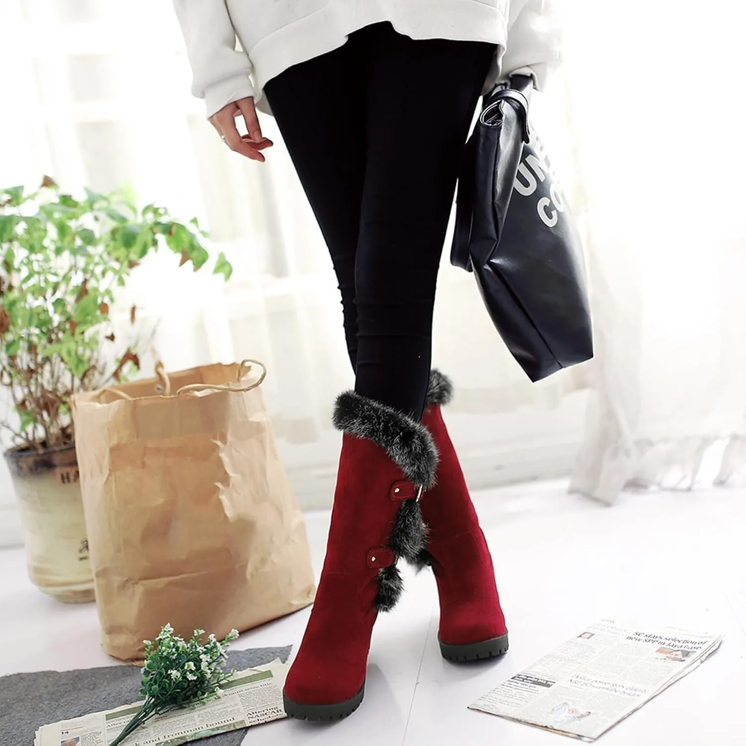 Crzidha Winter Snow Boots for Women Metal Buckle Chunky Low Heel Fashion Winterry Mid-Calf High Boot Warm Faux Winter Lined Pull On Short Boot Round Toe Casual Faux Suede Comfortable Walking Outdoor Shoes