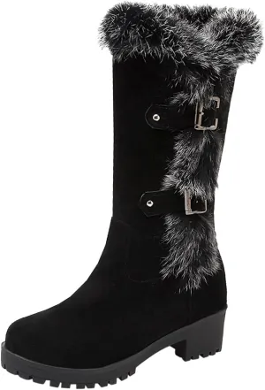 Crzidha Winter Snow Boots for Women Metal Buckle Chunky Low Heel Fashion Winterry Mid-Calf High Boot Warm Faux Winter Lined Pull On Short Boot Round Toe Casual Faux Suede Comfortable Walking Outdoor Shoes