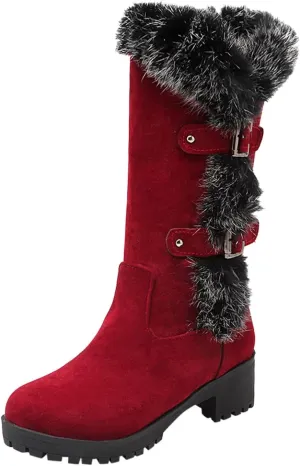 Crzidha Winter Snow Boots for Women Metal Buckle Chunky Low Heel Fashion Winterry Mid-Calf High Boot Warm Faux Winter Lined Pull On Short Boot Round Toe Casual Faux Suede Comfortable Walking Outdoor Shoes