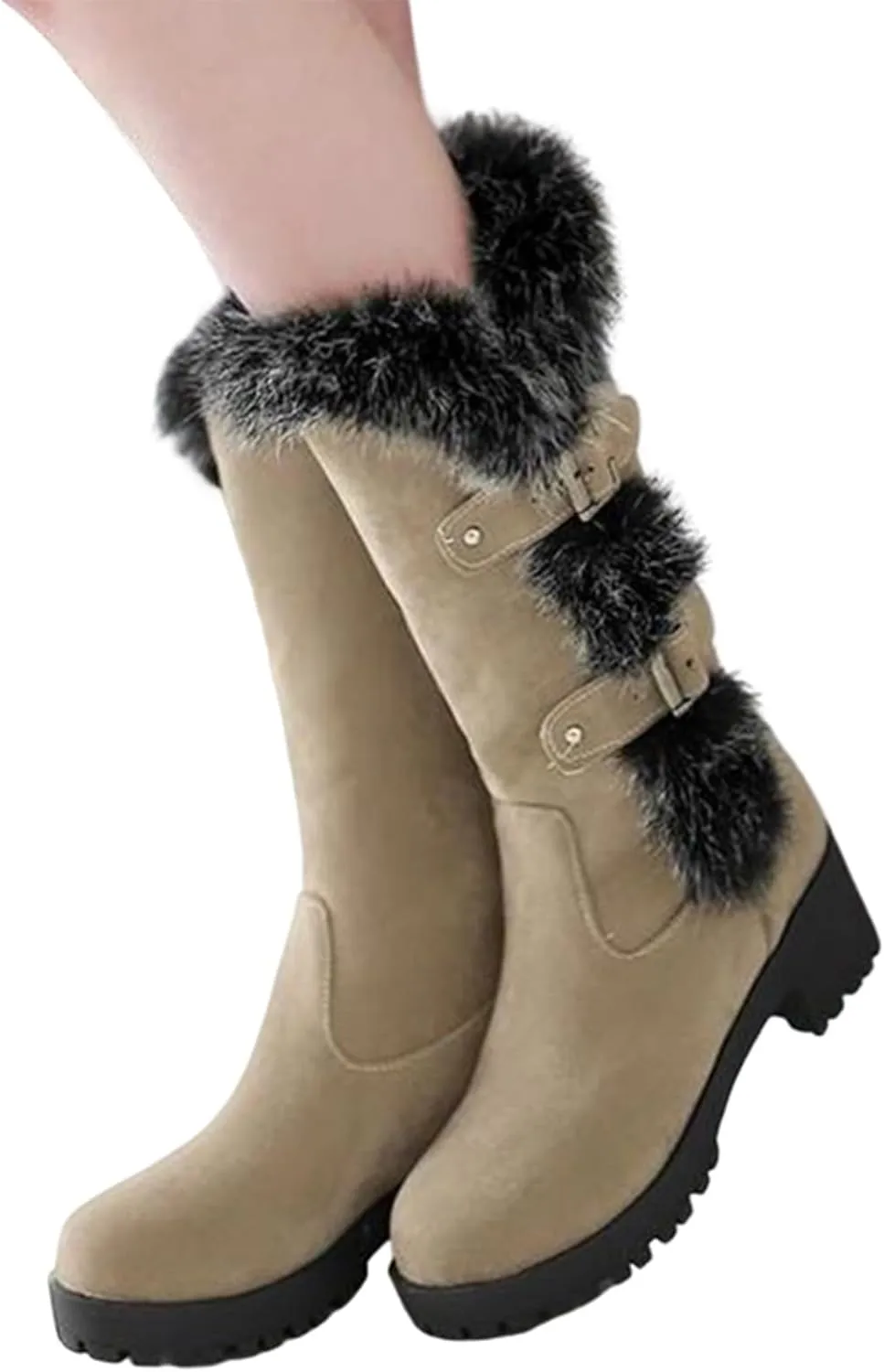 Crzidha Winter Snow Boots for Women Metal Buckle Chunky Low Heel Fashion Winterry Mid-Calf High Boot Warm Faux Winter Lined Pull On Short Boot Round Toe Casual Faux Suede Comfortable Walking Outdoor Shoes