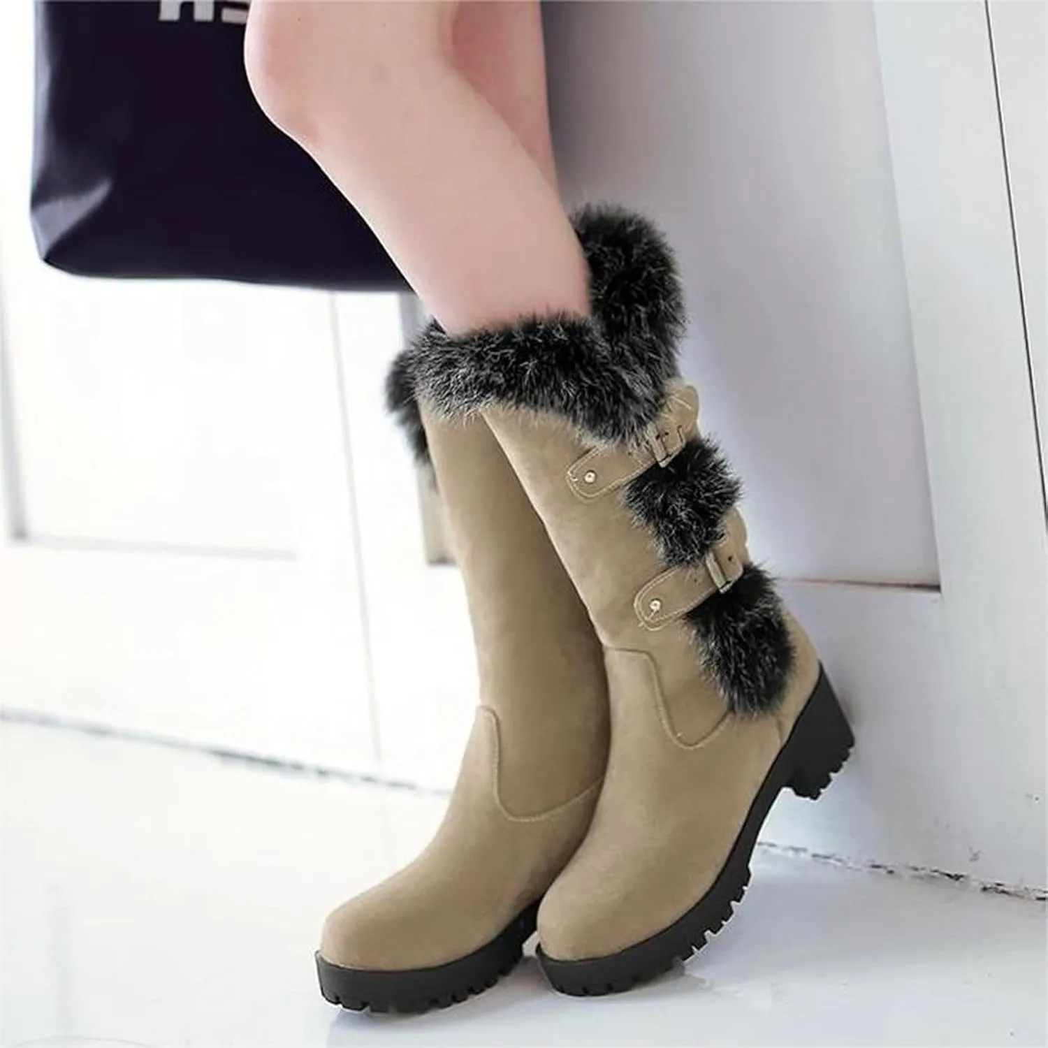 Crzidha Winter Snow Boots for Women Metal Buckle Chunky Low Heel Fashion Winterry Mid-Calf High Boot Warm Faux Winter Lined Pull On Short Boot Round Toe Casual Faux Suede Comfortable Walking Outdoor Shoes