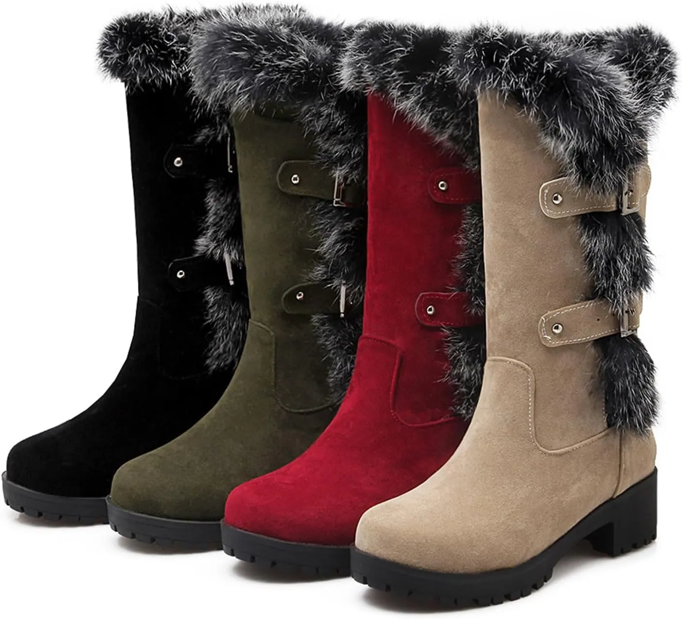 Crzidha Winter Snow Boots for Women Metal Buckle Chunky Low Heel Fashion Winterry Mid-Calf High Boot Warm Faux Winter Lined Pull On Short Boot Round Toe Casual Faux Suede Comfortable Walking Outdoor Shoes