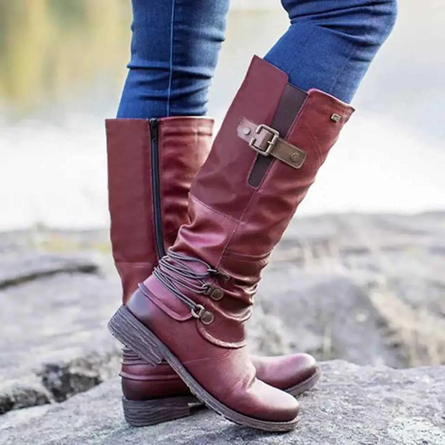 Ctreela Women's Vintage Mid-Calf Riding Boot Retro Round Toe Work Chunky Low Heel Western Booties Combat Motorcycle Boots