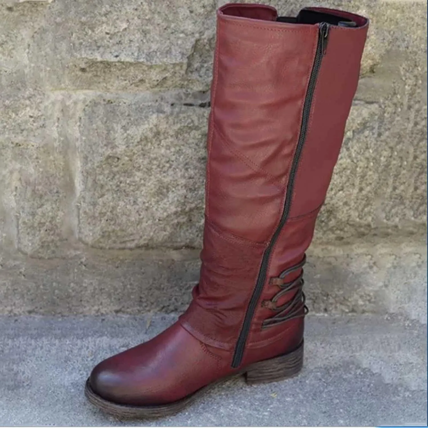 Ctreela Women's Vintage Mid-Calf Riding Boot Retro Round Toe Work Chunky Low Heel Western Booties Combat Motorcycle Boots