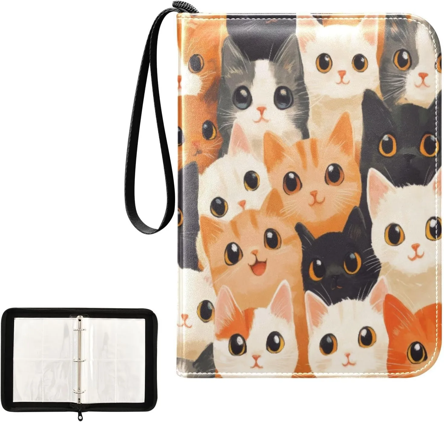 Cute Cats Card Binder 4-Pocket, 400 Pockets PU Waterproof Zippered Collector Card Album with 50 Removable Sleeves for Trading, Game Cards