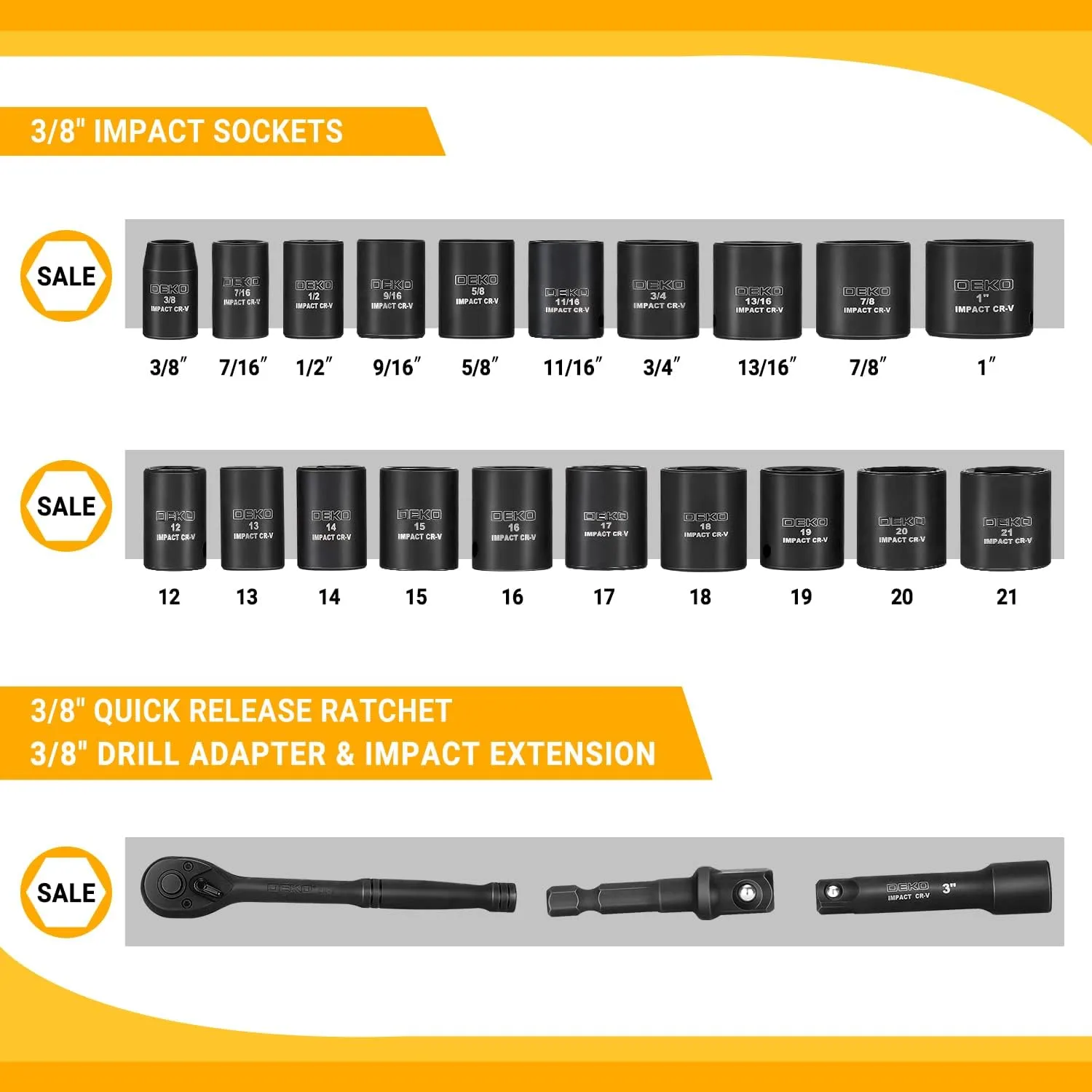 DEKOPRO 23-Piece Socket Wrench Set, 3/8" Drive Metric/SAE, Impact Socket Set with 72 Tooth Reversible Ratchet, 6 Point, 3/8" - 1" & 12mm - 21mm, Mechanics Tool Set