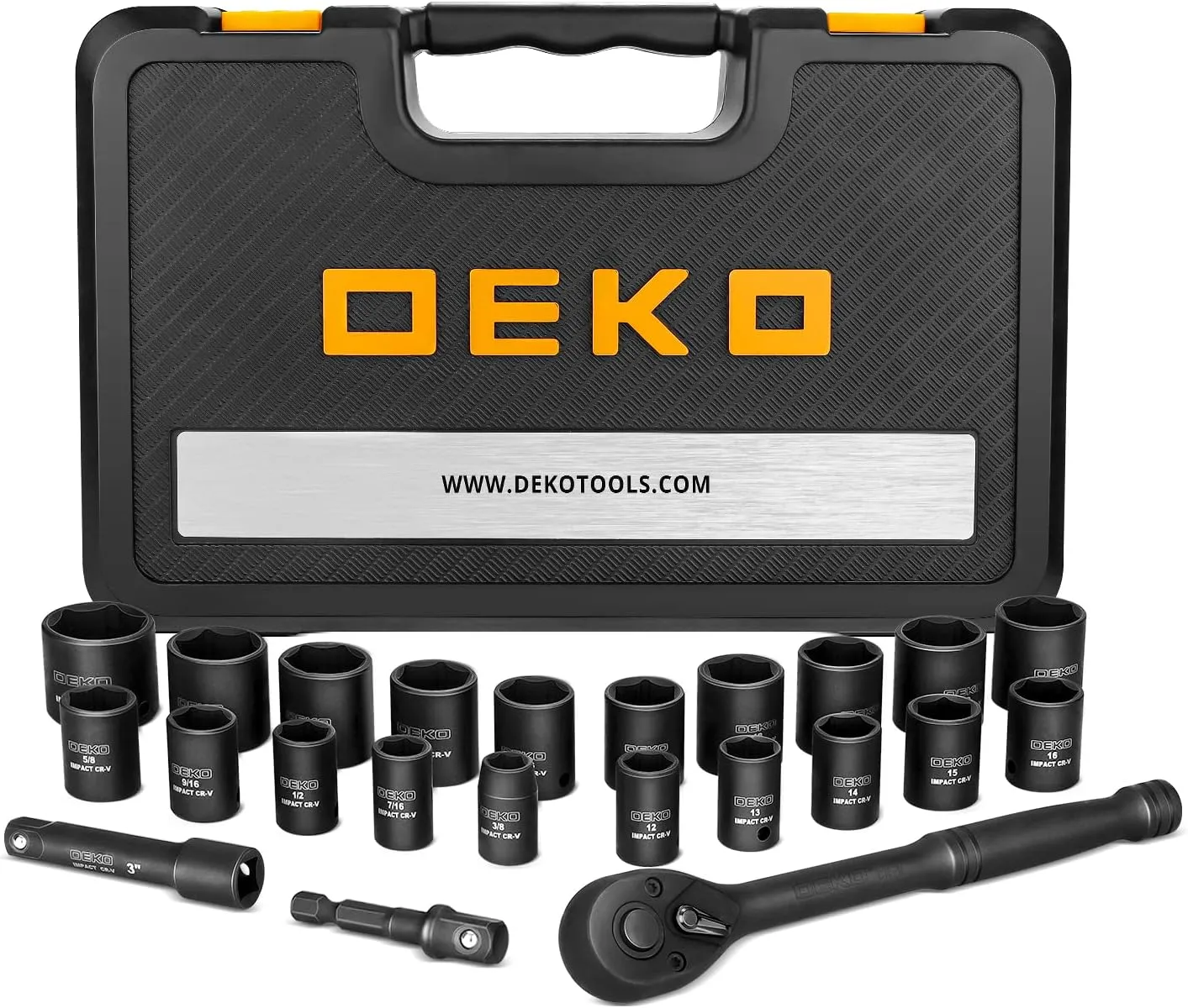 DEKOPRO 23-Piece Socket Wrench Set, 3/8" Drive Metric/SAE, Impact Socket Set with 72 Tooth Reversible Ratchet, 6 Point, 3/8" - 1" & 12mm - 21mm, Mechanics Tool Set