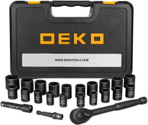 DEKOPRO 23-Piece Socket Wrench Set, 3/8" Drive Metric/SAE, Impact Socket Set with 72 Tooth Reversible Ratchet, 6 Point, 3/8" - 1" & 12mm - 21mm, Mechanics Tool Set