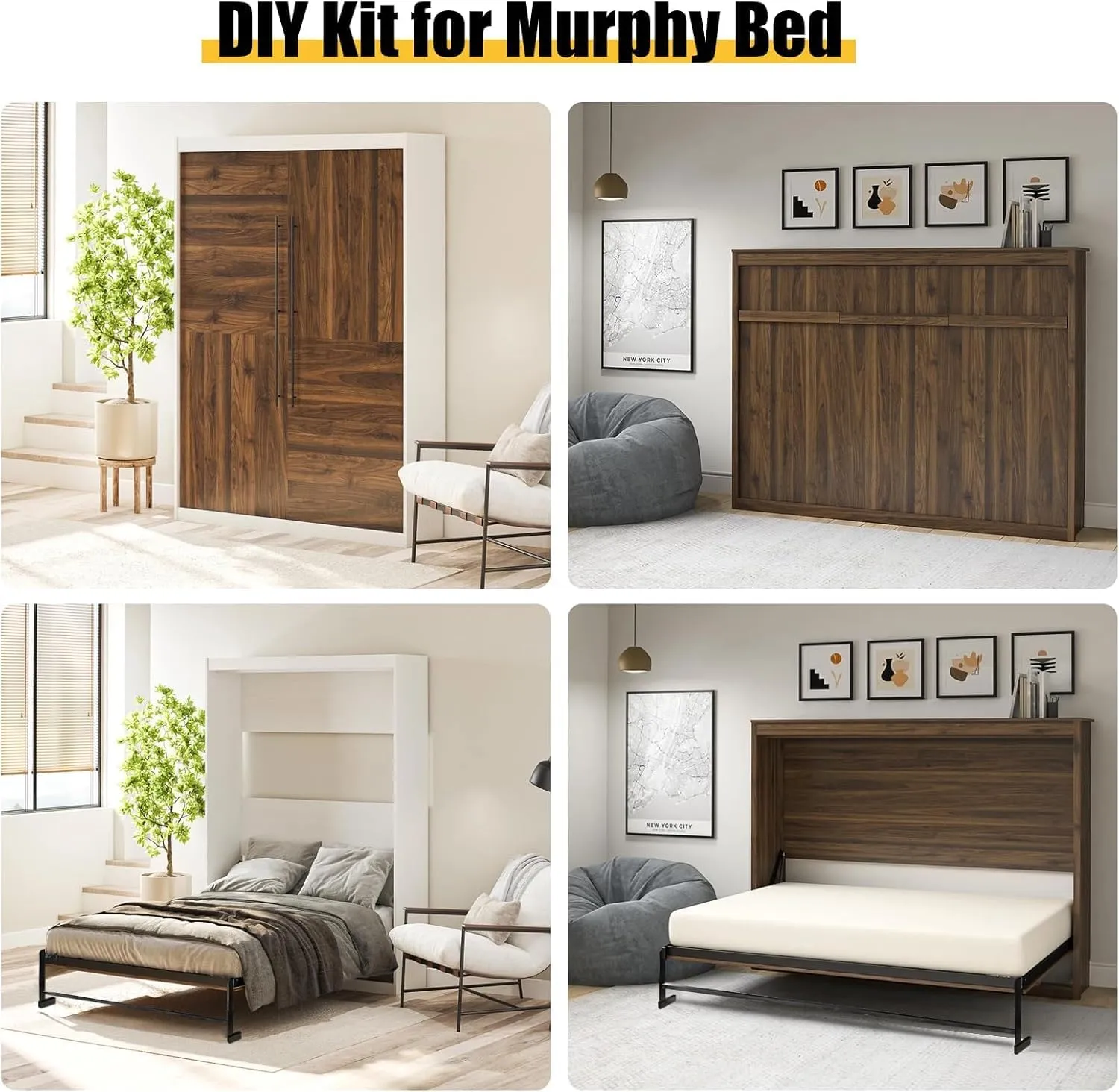 DIY Queen Size Deluxe Murphy Bed Kit - Full Vertical DIY Folding Cabinet Wall Bed for Guestroom Easy to Build Hidden Folding