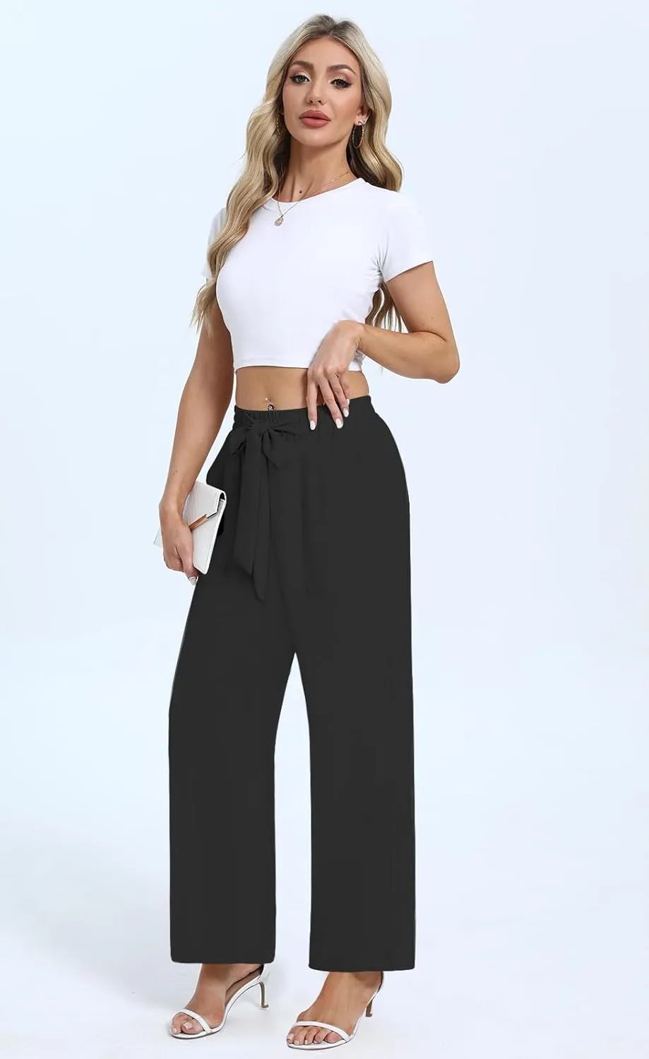 DouBCQ Women's Wide Leg Pants High Waist Flowy Tie Knot Trousers Business Casual Pants with Pockets
