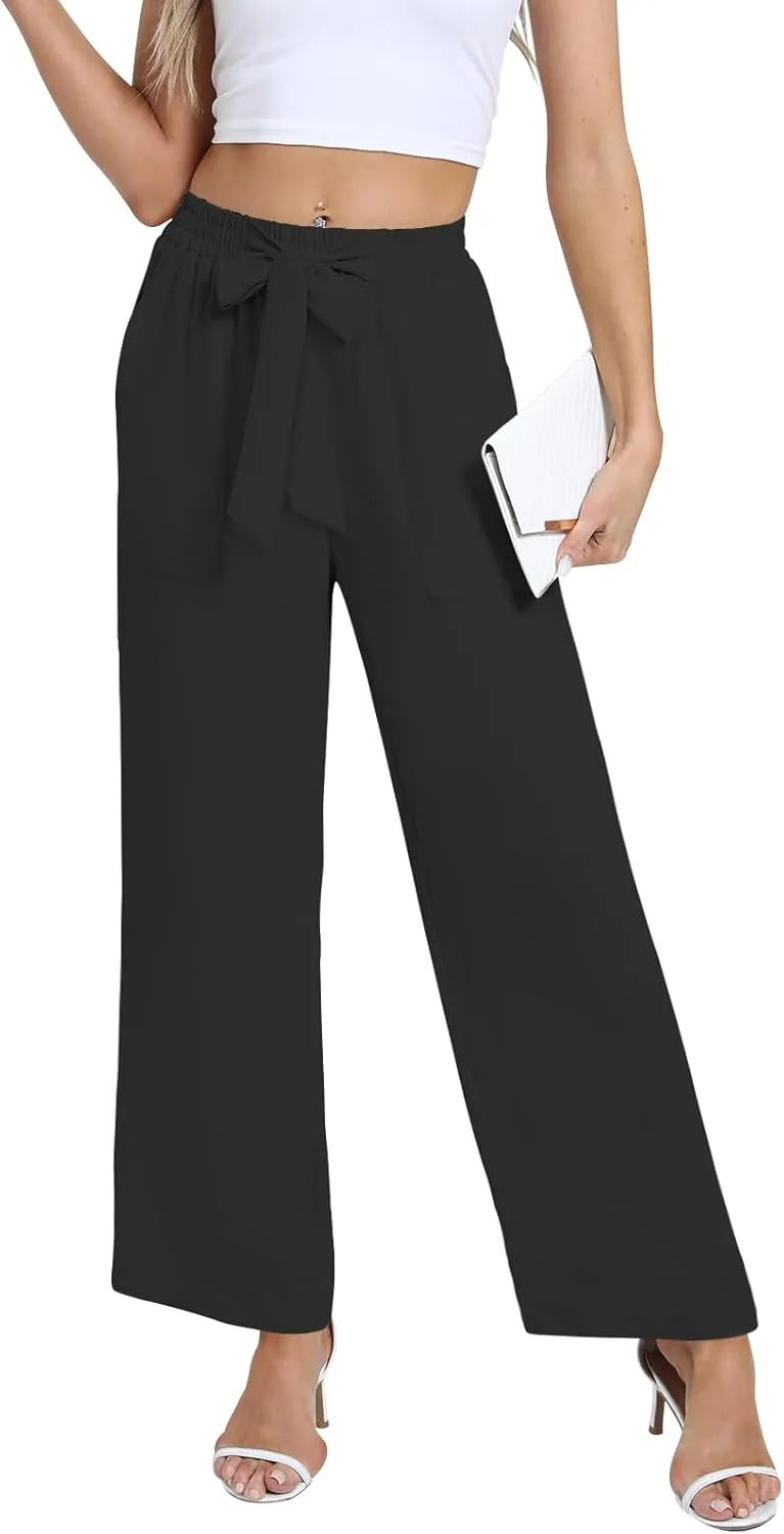 DouBCQ Women's Wide Leg Pants High Waist Flowy Tie Knot Trousers Business Casual Pants with Pockets