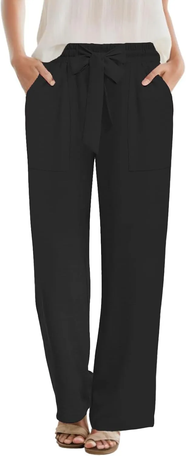 DouBCQ Women's Wide Leg Pants High Waist Flowy Tie Knot Trousers Business Casual Pants with Pockets
