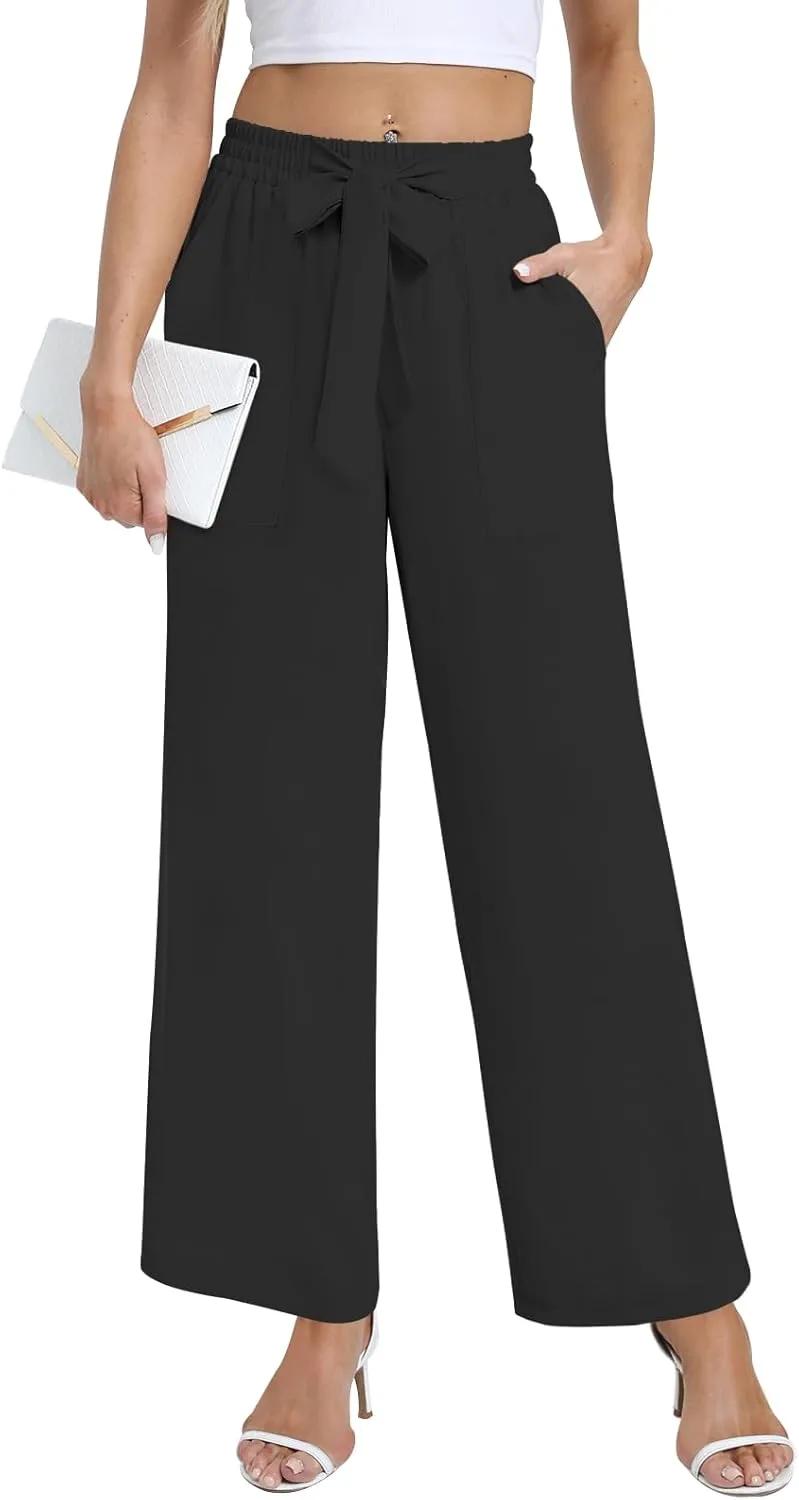 DouBCQ Women's Wide Leg Pants High Waist Flowy Tie Knot Trousers Business Casual Pants with Pockets