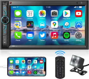 Double Din Car Stereo with Bluetooth: 7inch HD Car Multimedia Receiver – Car Audio MP5 Player | LCD Capacitive Touchscreen | Phonelink | Backup Camera | USB/SD/AUX Input | AM FM Car Radio | SWC