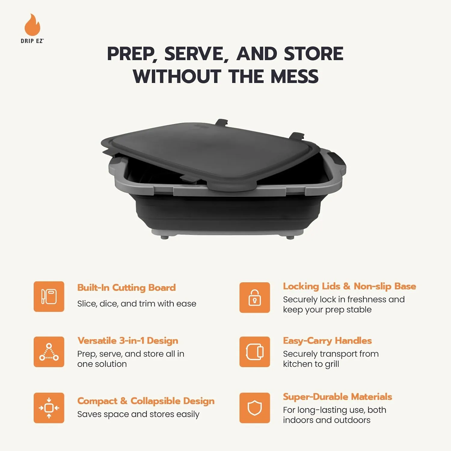 Drip EZ Collapsible BBQ Prep Tub - for Meal Prep Marinating Food Storage - Includes Cutting Board & Locking Lid - (1) XL - Orange