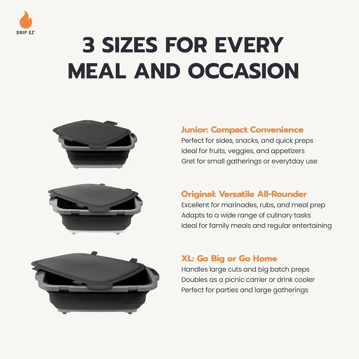 Drip EZ Collapsible BBQ Prep Tub - for Meal Prep Marinating Food Storage - Includes Cutting Board & Locking Lid - (1) XL - Orange