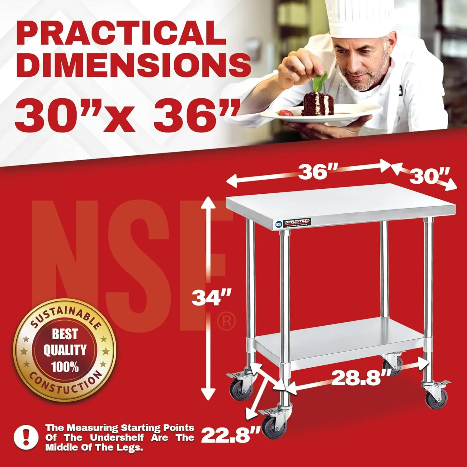 DuraSteel 30x36 NSF Stainless Steel Cart - Heavy Duty Rolling Food Prep Table with Undershelf - Metal Utility Cart for Commercial Restaurant Kitchen, Laundry, Outdoor Portable BBQ Grill