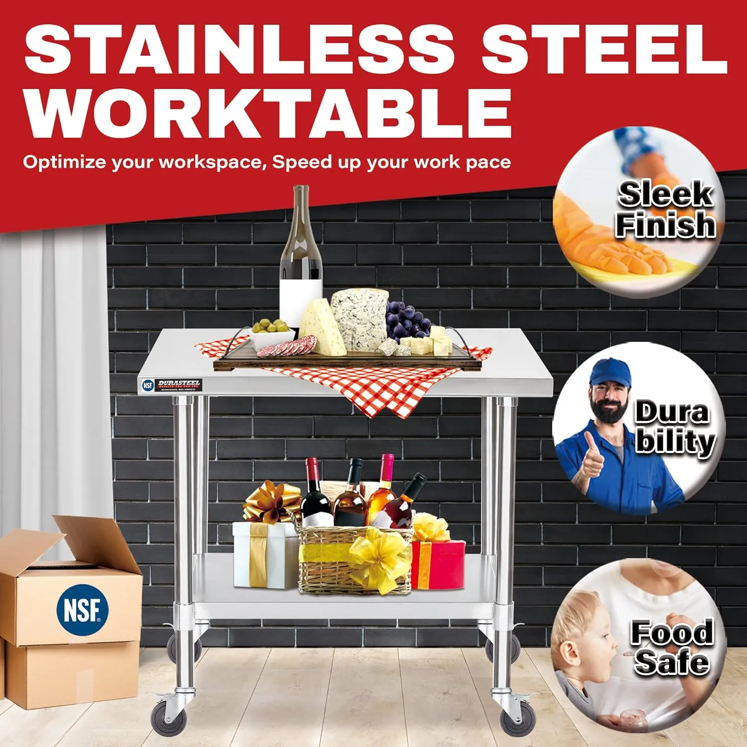 DuraSteel 30x36 NSF Stainless Steel Cart - Heavy Duty Rolling Food Prep Table with Undershelf - Metal Utility Cart for Commercial Restaurant Kitchen, Laundry, Outdoor Portable BBQ Grill