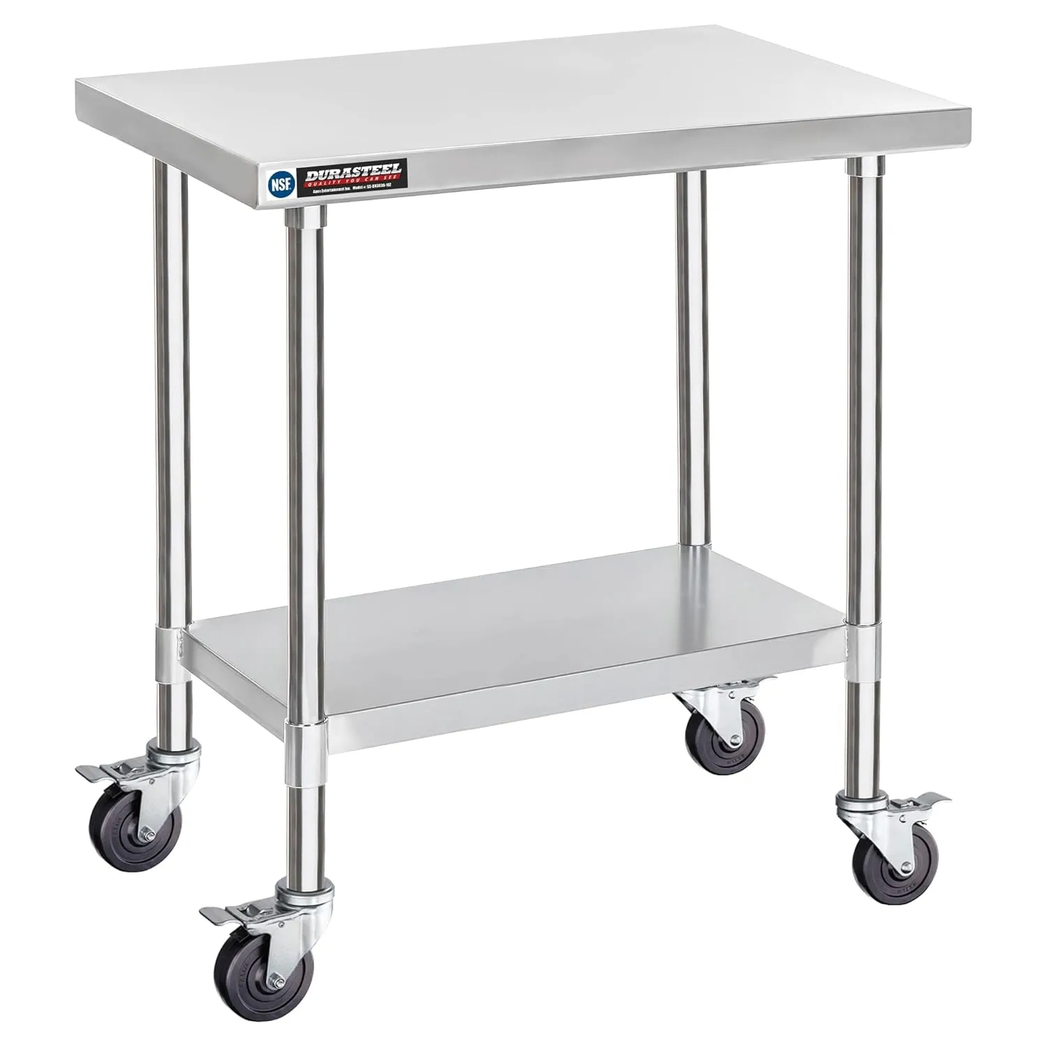 DuraSteel 30x36 NSF Stainless Steel Cart - Heavy Duty Rolling Food Prep Table with Undershelf - Metal Utility Cart for Commercial Restaurant Kitchen, Laundry, Outdoor Portable BBQ Grill