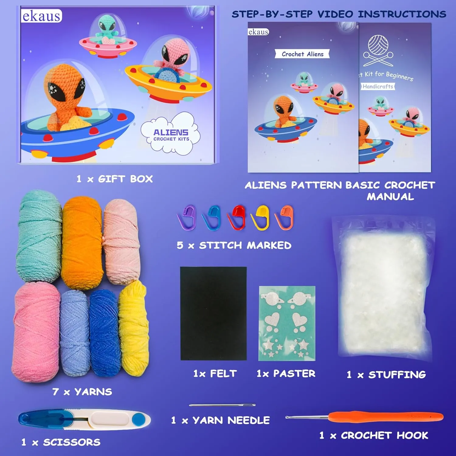 ekaus Crochet Kit for Beginners with Step-by-Step Video Tutorials, DIY Knitting Supplies for Adults & Kids, Aliens (45%  Yarn)