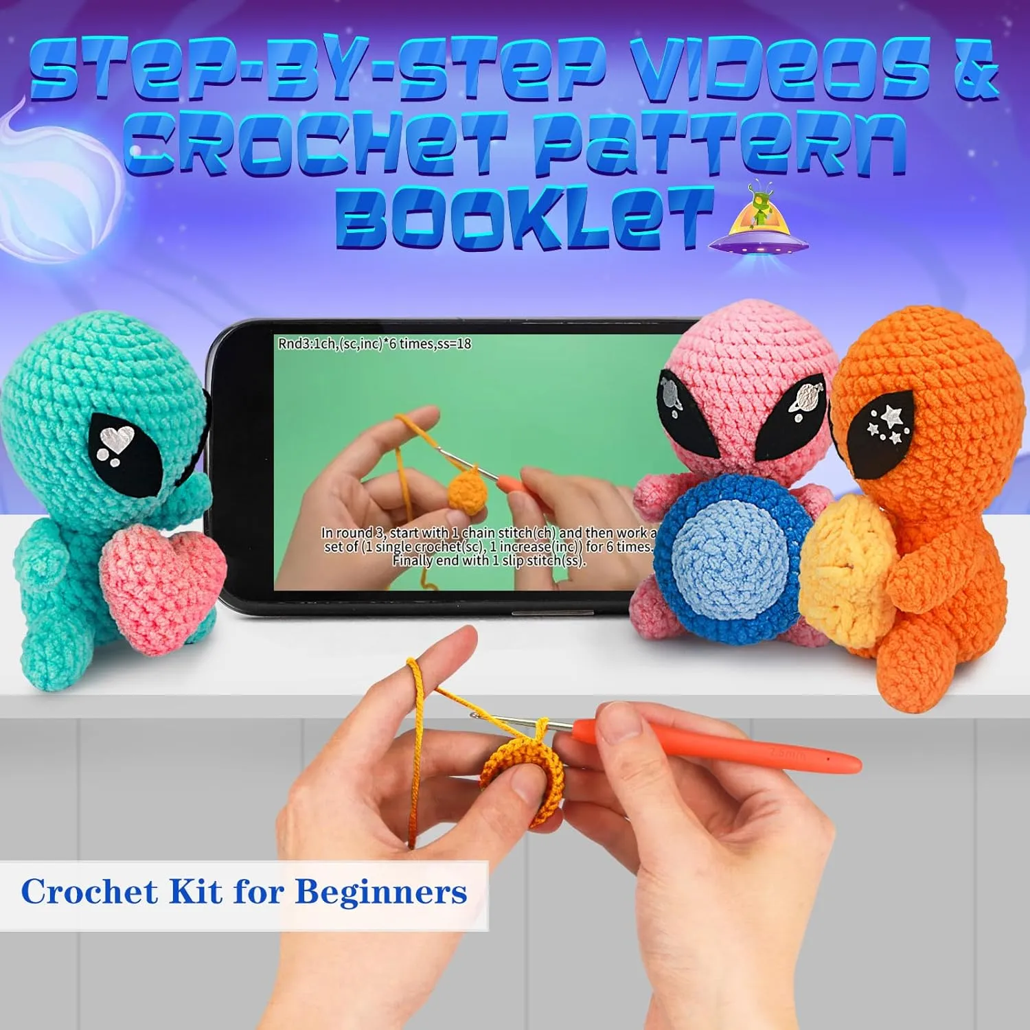ekaus Crochet Kit for Beginners with Step-by-Step Video Tutorials, DIY Knitting Supplies for Adults & Kids, Aliens (45%  Yarn)