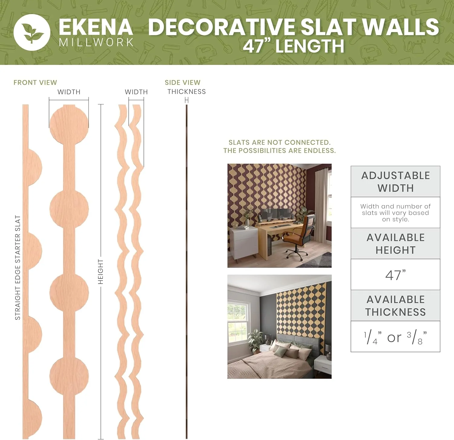 Ekena Millwork 47"H x 3/8"T Bridgeport Adjustable Wood Decorative Slat Wall Panel Kit, Maple (contains 11 Slats   1 Straight Edge Starter Slat)