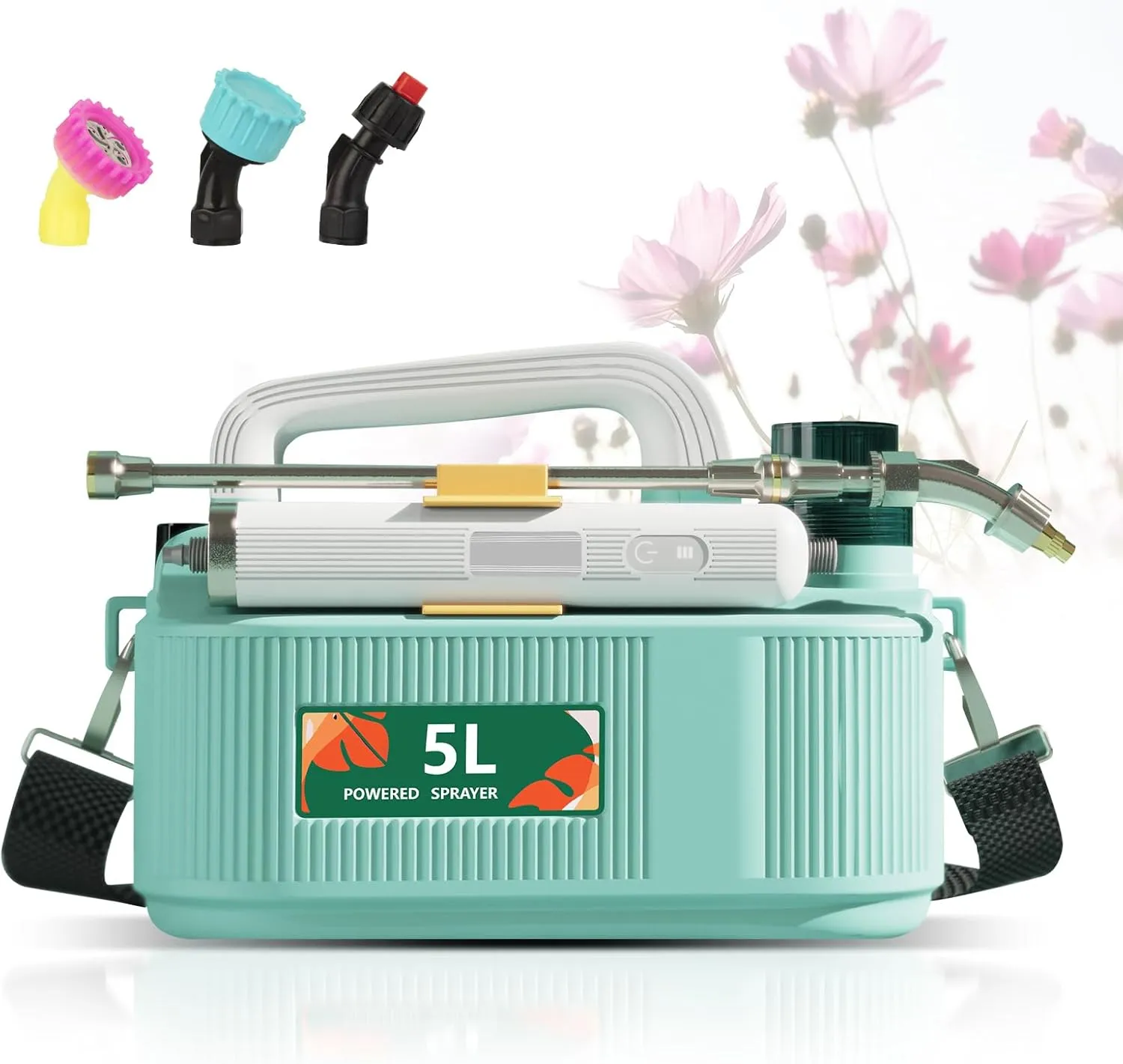 Electric Garden Sprayer 5L/ 1.35Gallon, Portable Waterproof Powerful Electric Sprayer with 3 Mist Nozzles, Retractable Wand, Rechargeable Handle, Adjustable Shoulder Strap for Lawn and Garden(Green)