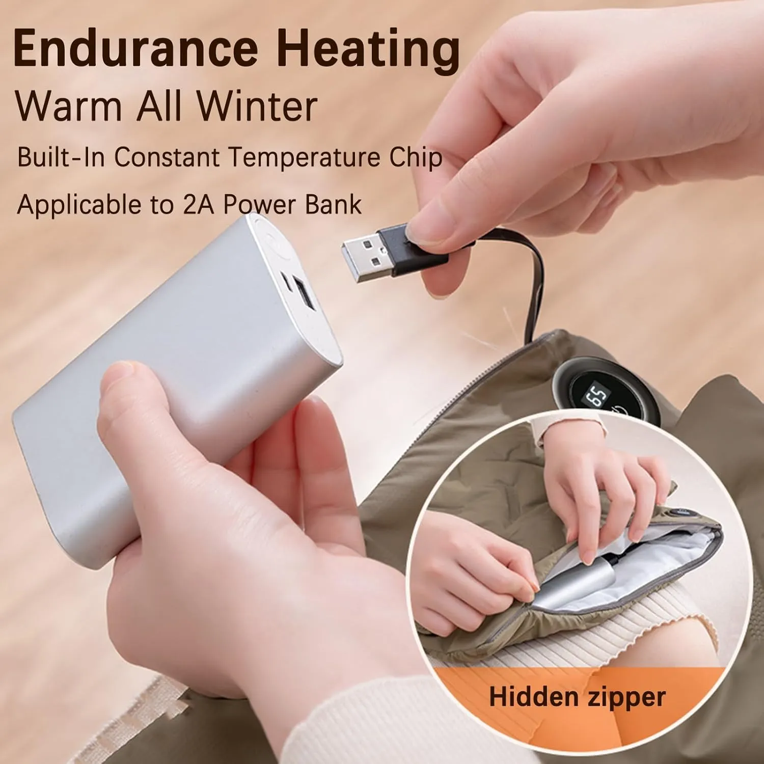 Electric Hand Warmers Rechargeable, No Water Warm Handbag with Heating Effect, Down Cotton Filling 3-Speed Temperature Control, Hidden Zipper Pocket Technology Washed Fabric
