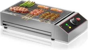 Electric Indoor Grill, 1800W Commercial Portable BBQ Grill Smokeless Countertop Grill with Removable Griddle, Stainless Steel, for Restaurant Home Camping Party Picnic