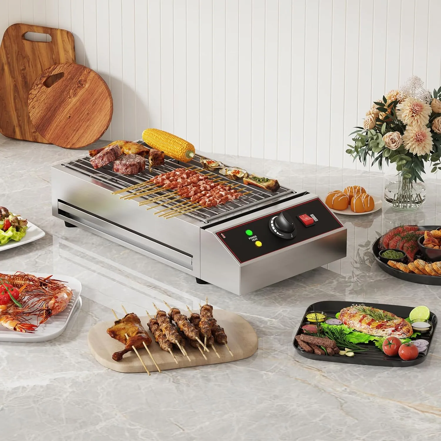 Electric Indoor Grill, 1800W Commercial Portable BBQ Grill Smokeless Countertop Grill with Removable Griddle, Stainless Steel, for Restaurant Home Camping Party Picnic
