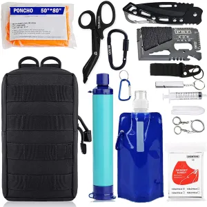 Emergency EDC Survival Gear Kit - Personal Water Filter Purifier Straw, Molle Pouch Tactical Trauma Defense Equitment Tools But Out Bag for Camping Hiking Adventure Fishing Hurricane