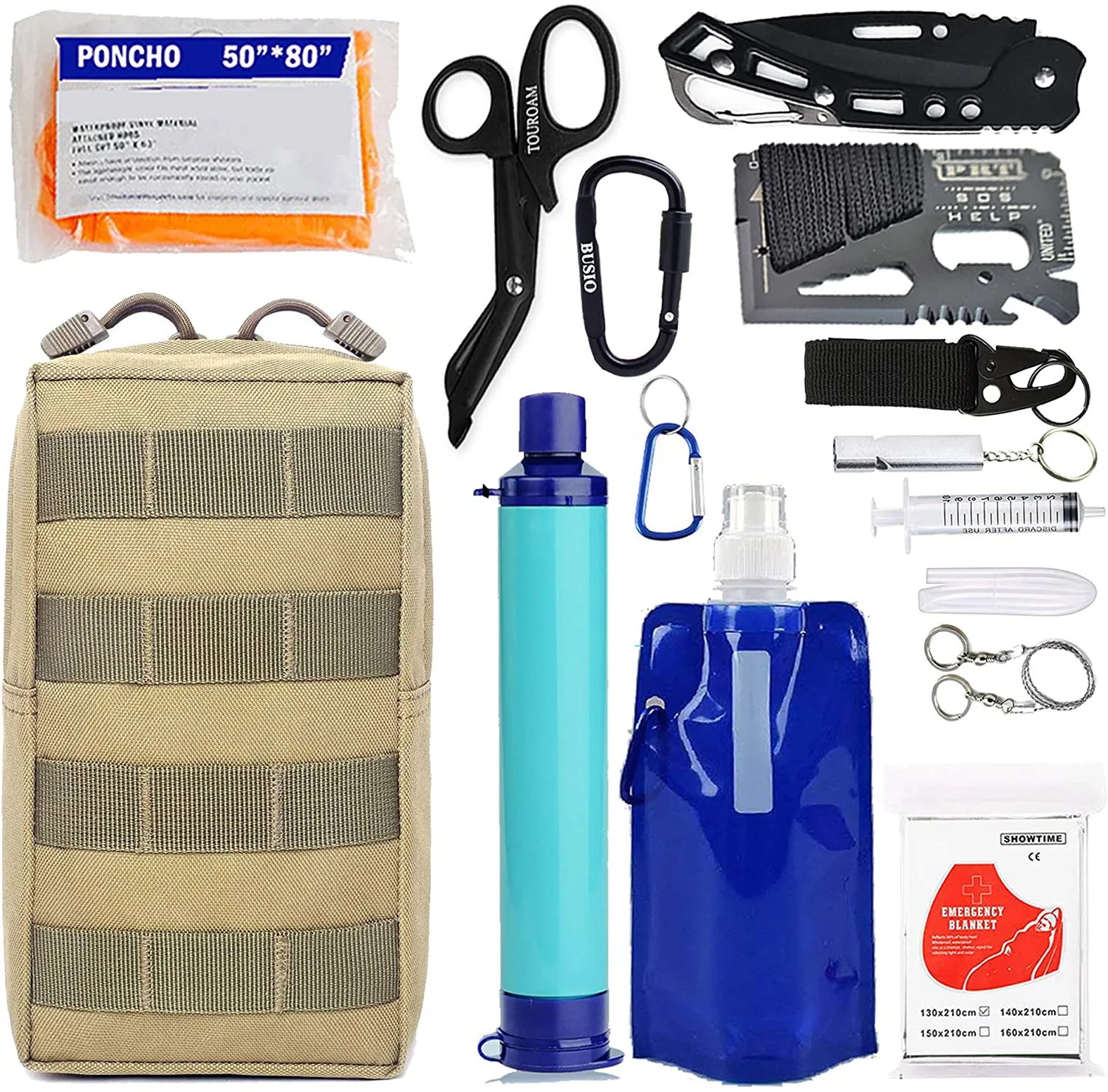 Emergency EDC Survival Gear Kit - Personal Water Filter Purifier Straw, Molle Pouch Tactical Trauma Defense Equitment Tools But Out Bag for Camping Hiking Adventure Fishing Hurricane
