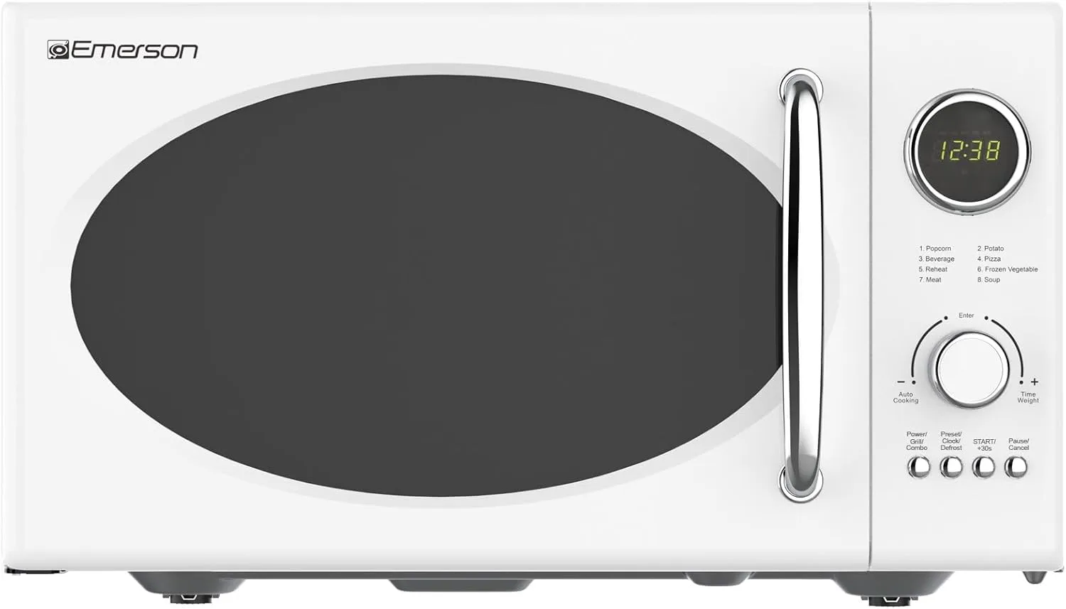 Emerson MWRG0901W Retro Compact Countertop 800W Microwave Oven with 1,000W Grill Function, LED Display 5 Power Levels, 8 Auto Menus, Glass Turntable and Child Safe Lock, 0.9 Cu. Ft, White