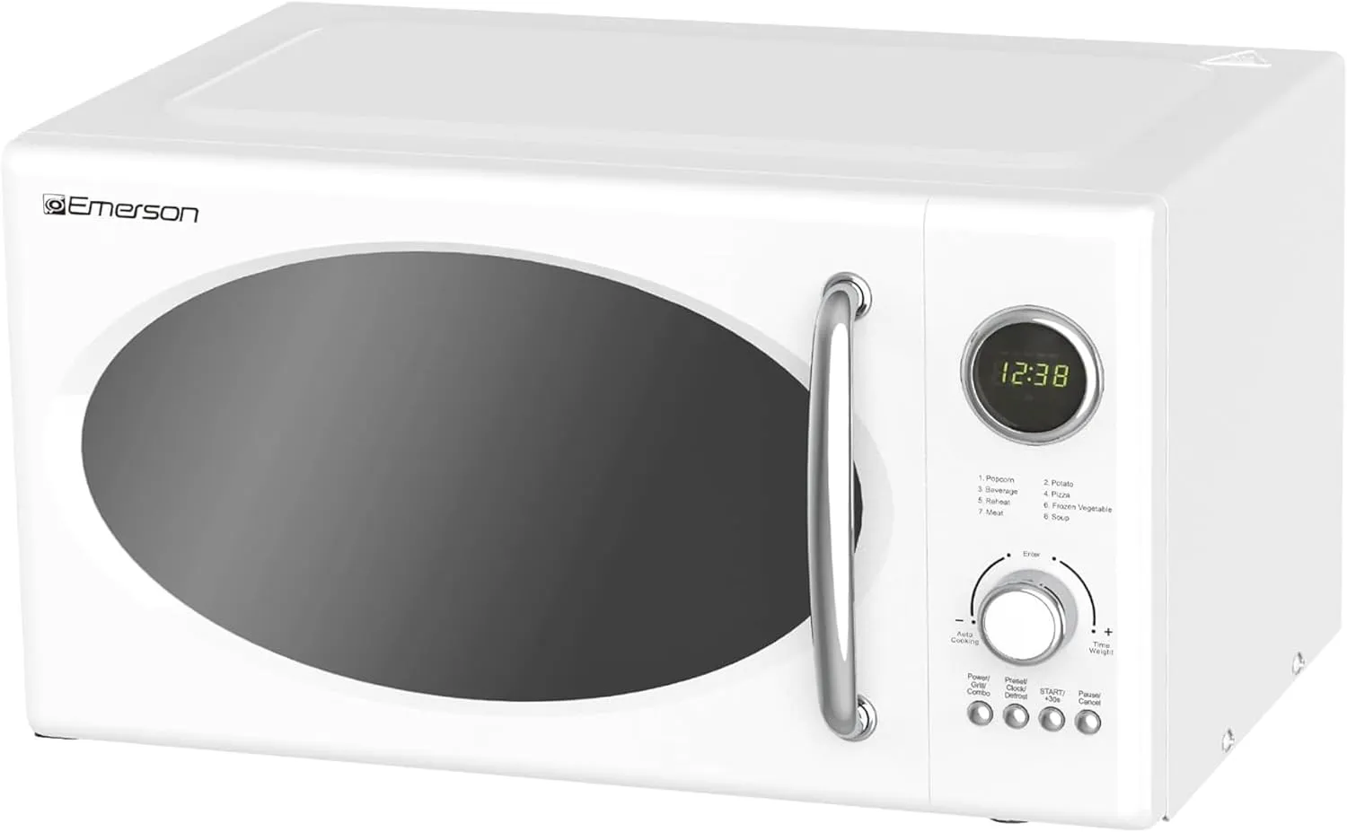 Emerson MWRG0901W Retro Compact Countertop 800W Microwave Oven with 1,000W Grill Function, LED Display 5 Power Levels, 8 Auto Menus, Glass Turntable and Child Safe Lock, 0.9 Cu. Ft, White