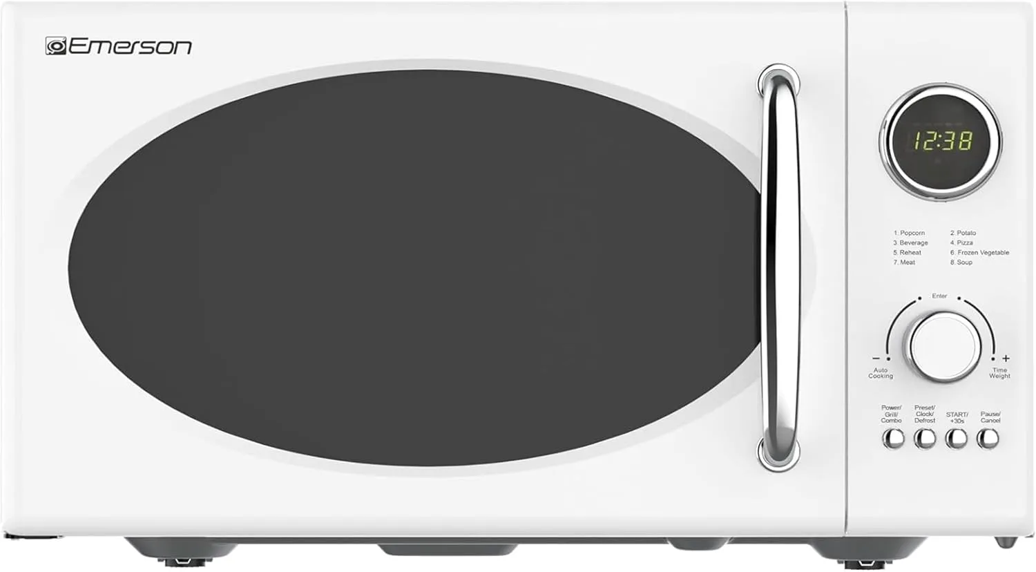 Emerson MWRG0901W Retro Compact Countertop 800W Microwave Oven with 1,000W Grill Function, LED Display 5 Power Levels, 8 Auto Menus, Glass Turntable and Child Safe Lock, 0.9 Cu. Ft, White