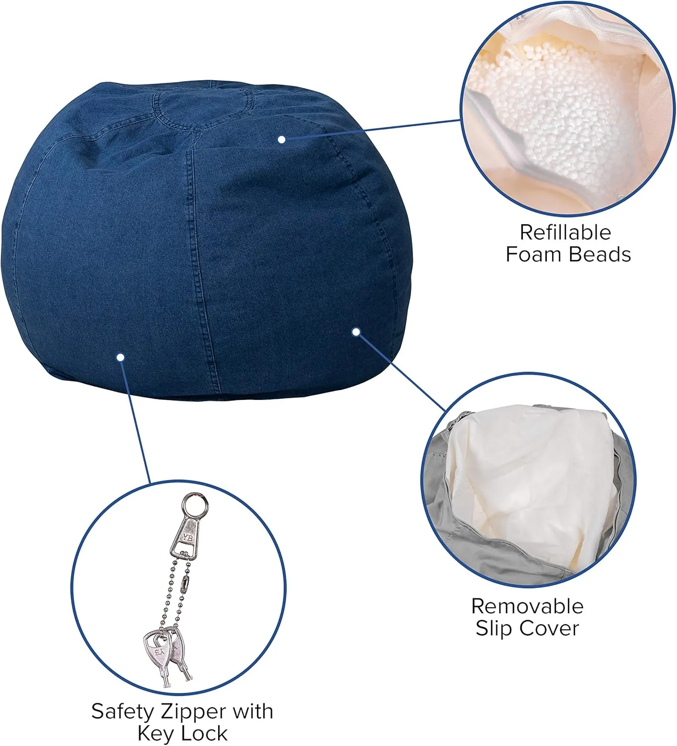 EMMA   OLIVER Small Denim Bean Bag Chair for Kids and Teens