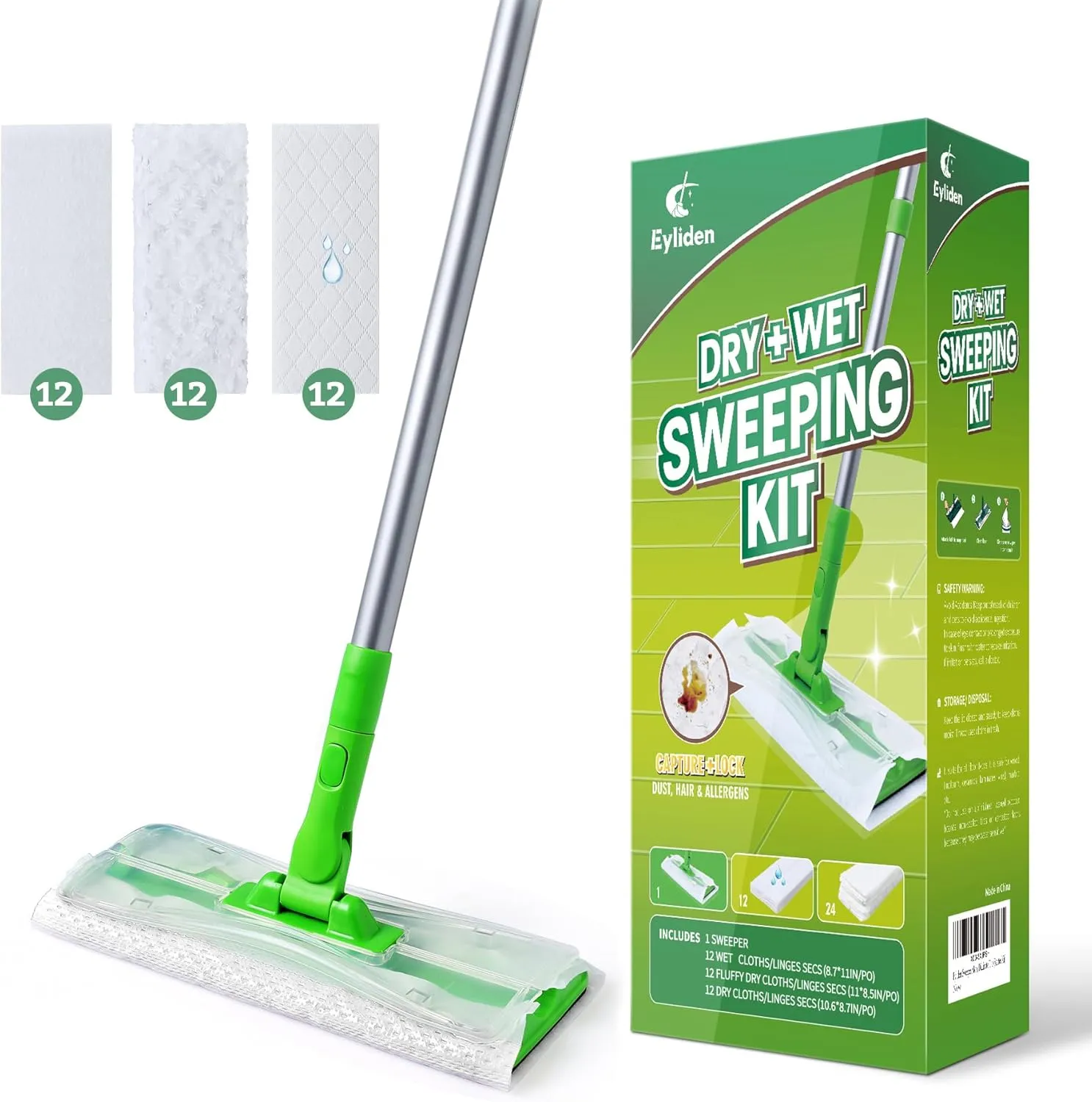 Eyliden Sweeper Mop - Lock Tight Design No Lost Pads - 36 Disposable Dry & Wet Cloths, Dust Mop Starter Kit for Pet Hair, Hardwood Floors, 360 Swivel, Universal Refills, Efficient Floor Cleaning