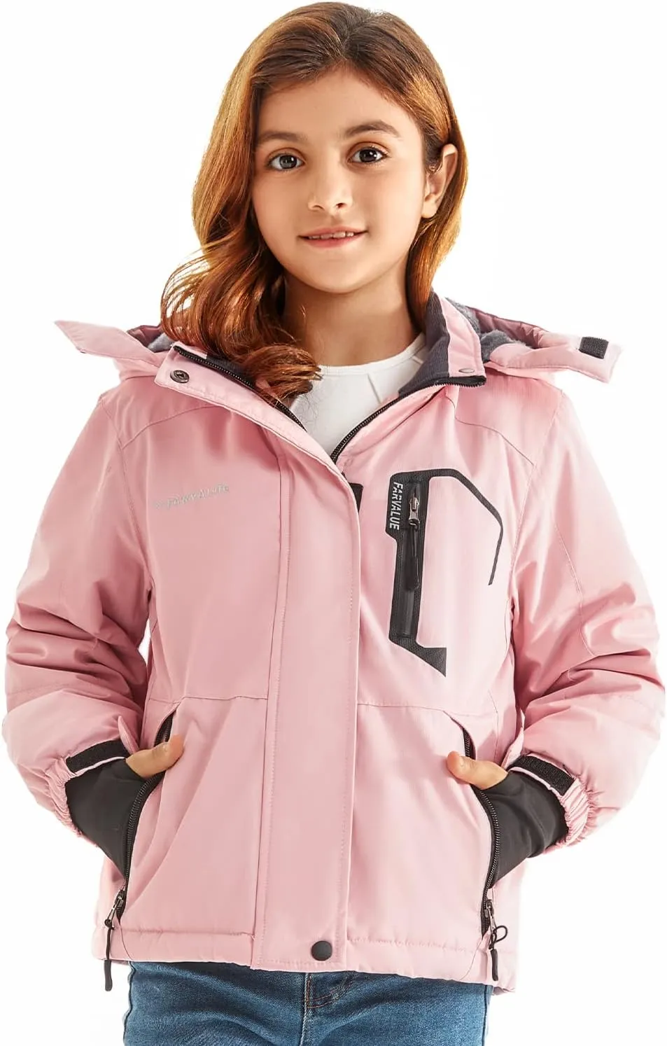 FARVALUE Girls Waterproof Skiing Jacket Windproof Winter Coat Warm Snow Coat with Removable Hood