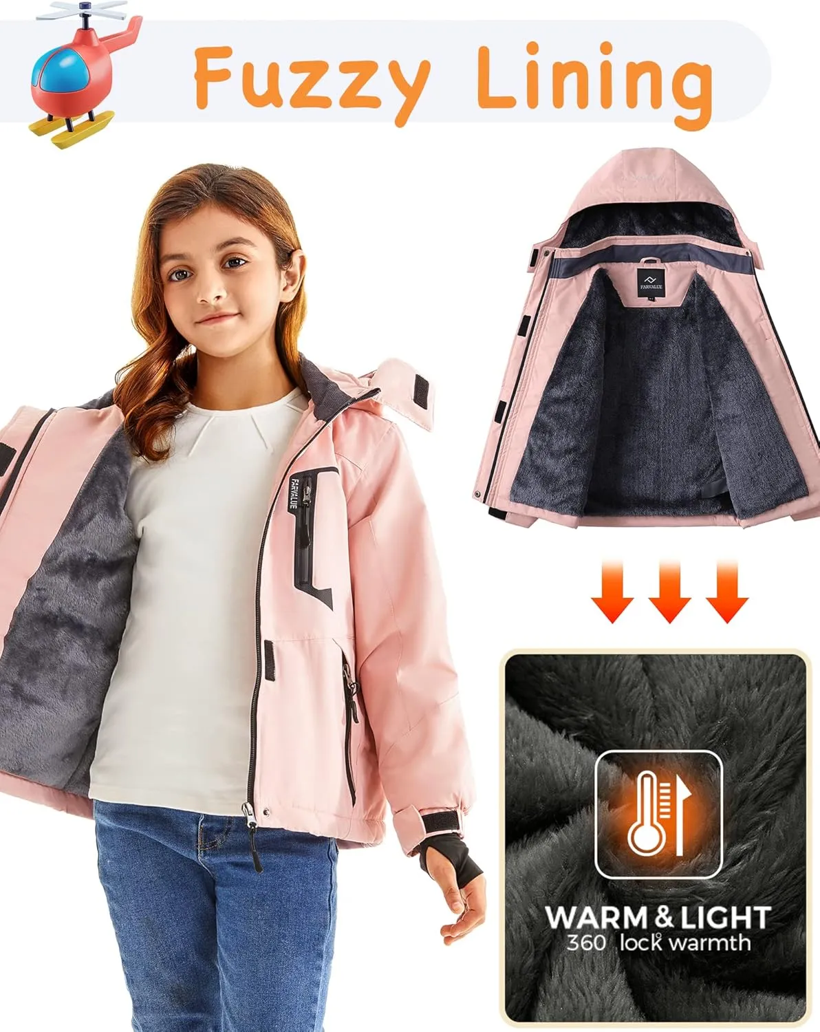 FARVALUE Girls Waterproof Skiing Jacket Windproof Winter Coat Warm Snow Coat with Removable Hood
