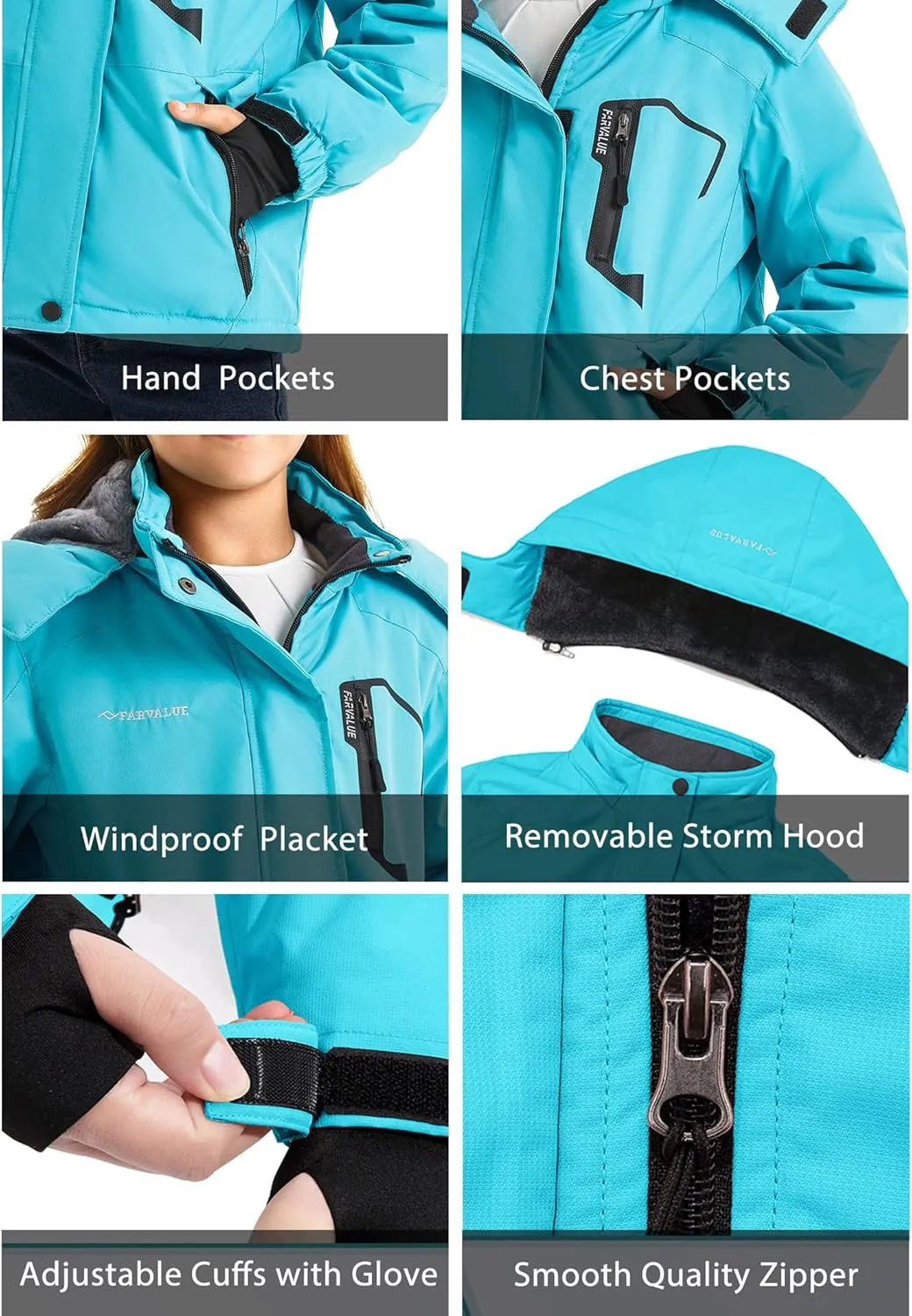 FARVALUE Girls Waterproof Skiing Jacket Windproof Winter Coat Warm Snow Coat with Removable Hood