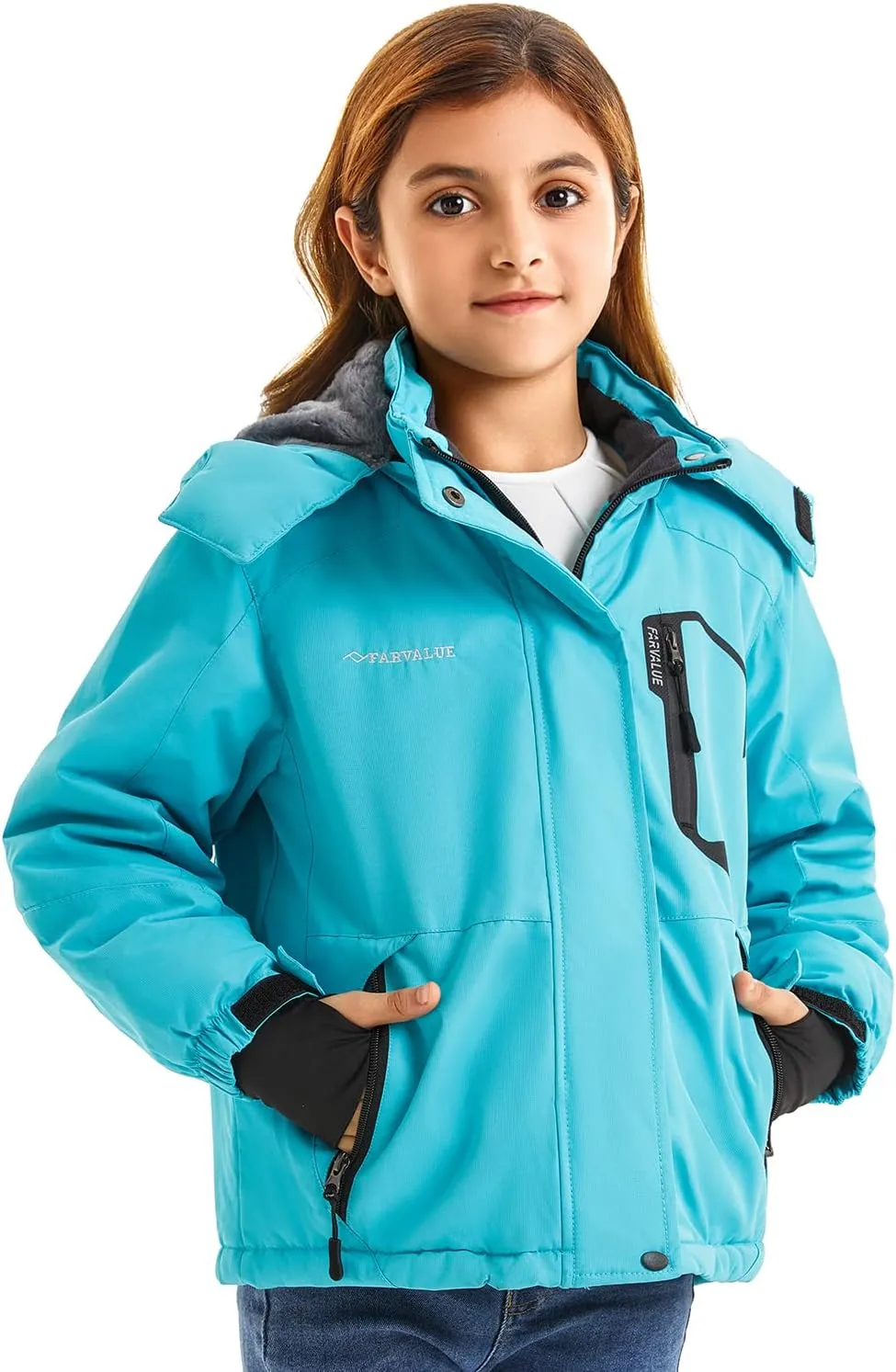 FARVALUE Girls Waterproof Skiing Jacket Windproof Winter Coat Warm Snow Coat with Removable Hood