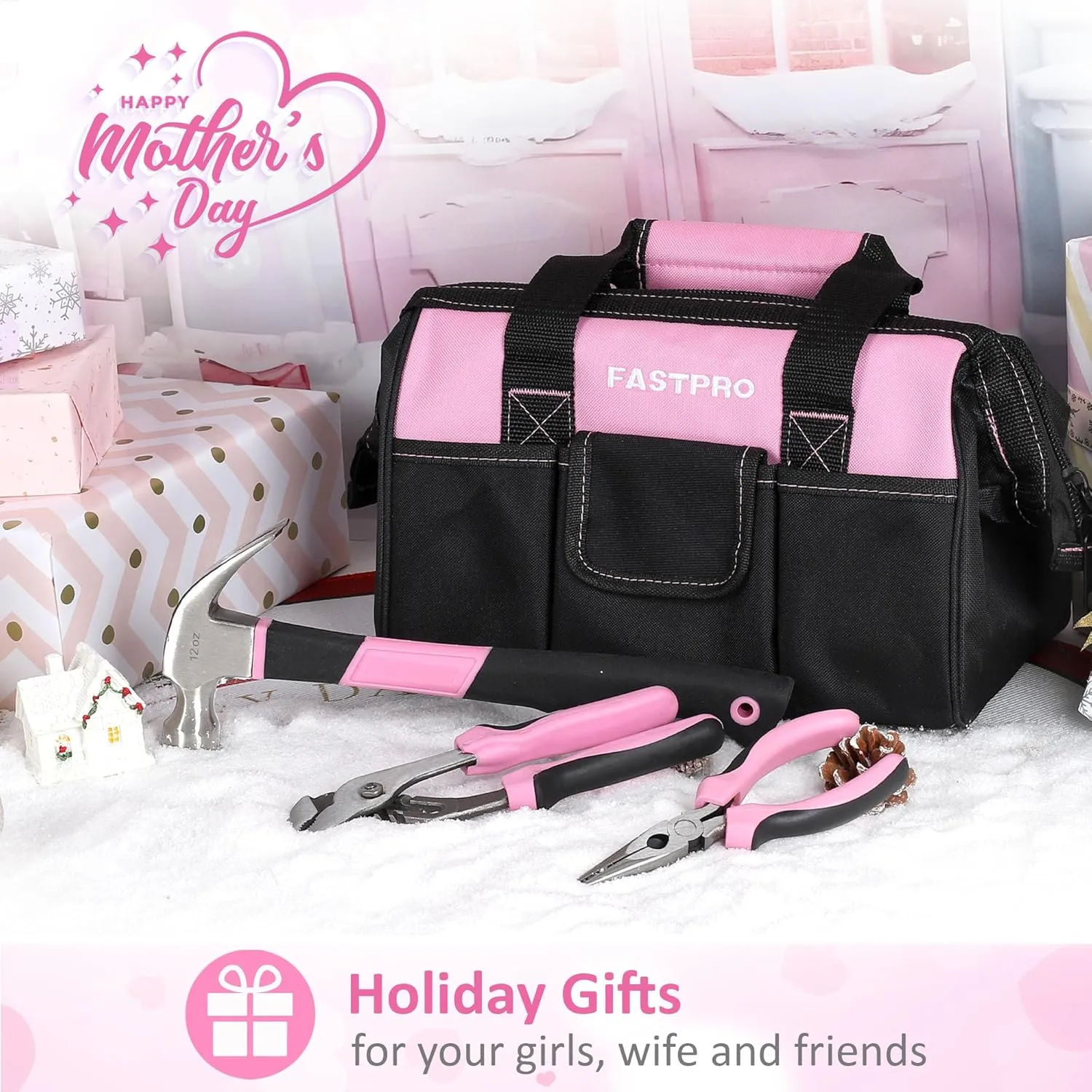 FASTPRO Pink Tool Set, 220-Piece Lady's Home Repairing Tool Kit with 12-Inch Wide Mouth Open Storage Tool Bag