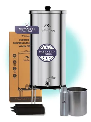 Filteroo® Superoo Countertop Gravity Water Filter System - 4.23 Gal/16L | 304 Stainless Steel | 2 Carbon Filters | NSF/ANSI Tested Gravity-Fed Water Purifier | Remove Bacterias & Heavy Metals