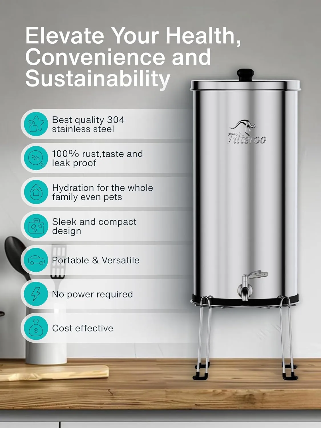Filteroo® Superoo Countertop Gravity Water Filter System - 4.23 Gal/16L | 304 Stainless Steel | 2 Carbon Filters | NSF/ANSI Tested Gravity-Fed Water Purifier | Remove Bacterias & Heavy Metals