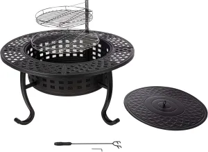 Fire Pit with Grill - 37” Round Fire Table Outdoor Firepit with 2 Grills, Lid, Poker and Cover - Fire Pits for Outside Wood Burning BBQ by Pure Garden