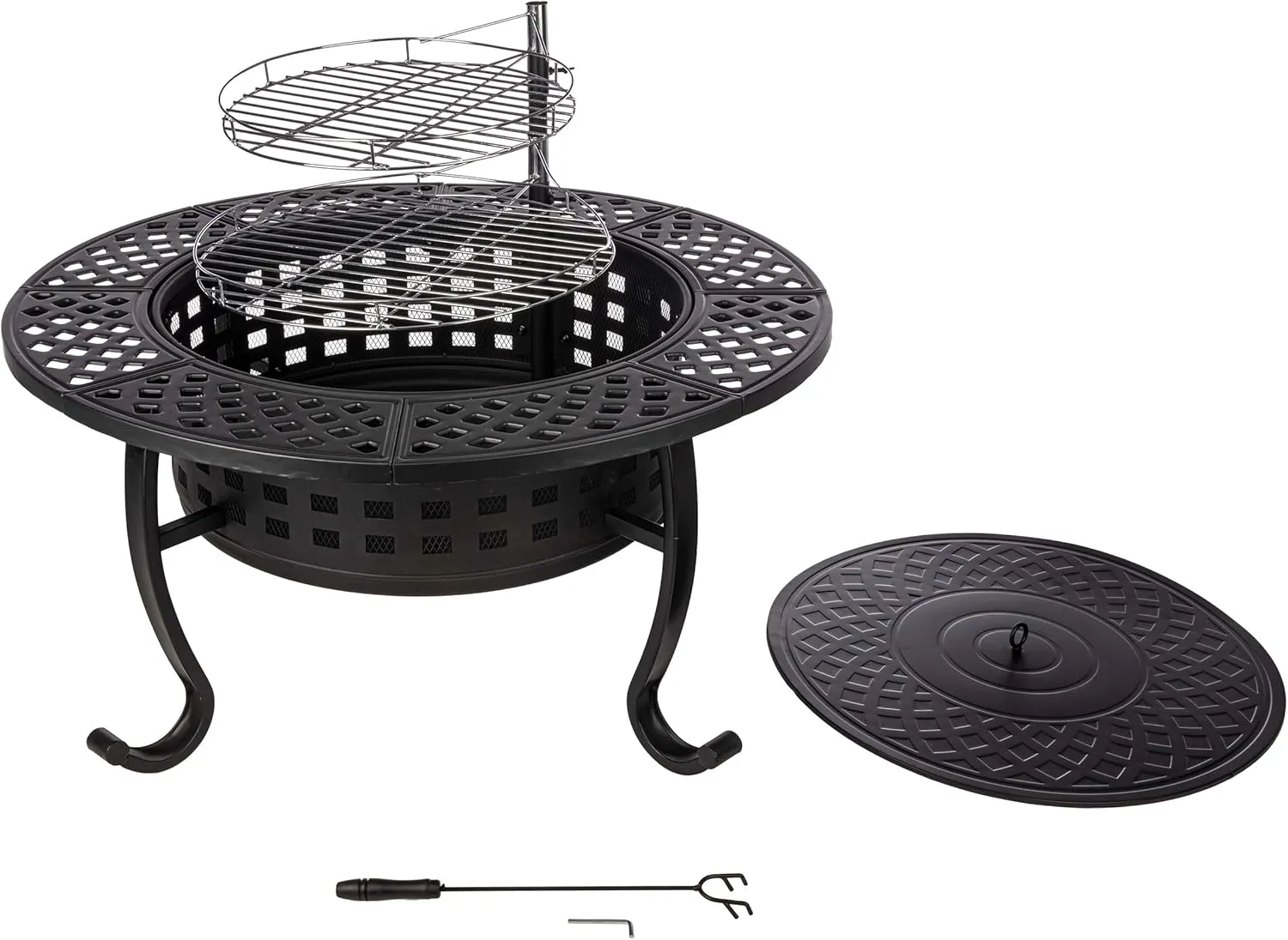 Fire Pit with Grill - 37” Round Fire Table Outdoor Firepit with 2 Grills, Lid, Poker and Cover - Fire Pits for Outside Wood Burning BBQ by Pure Garden