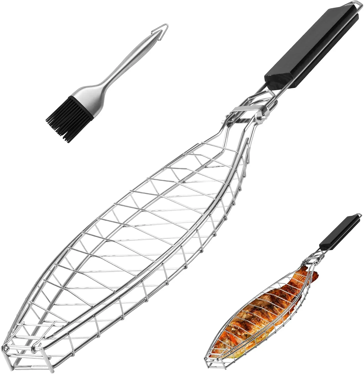 Fish Grill Basket,Heavy Duty 430 Stainless Steel Fish Grill Basket with Detachable Handle Non Stick Oven & BBQ Safe, Perfect for Salmon, Veggies, and Seafood