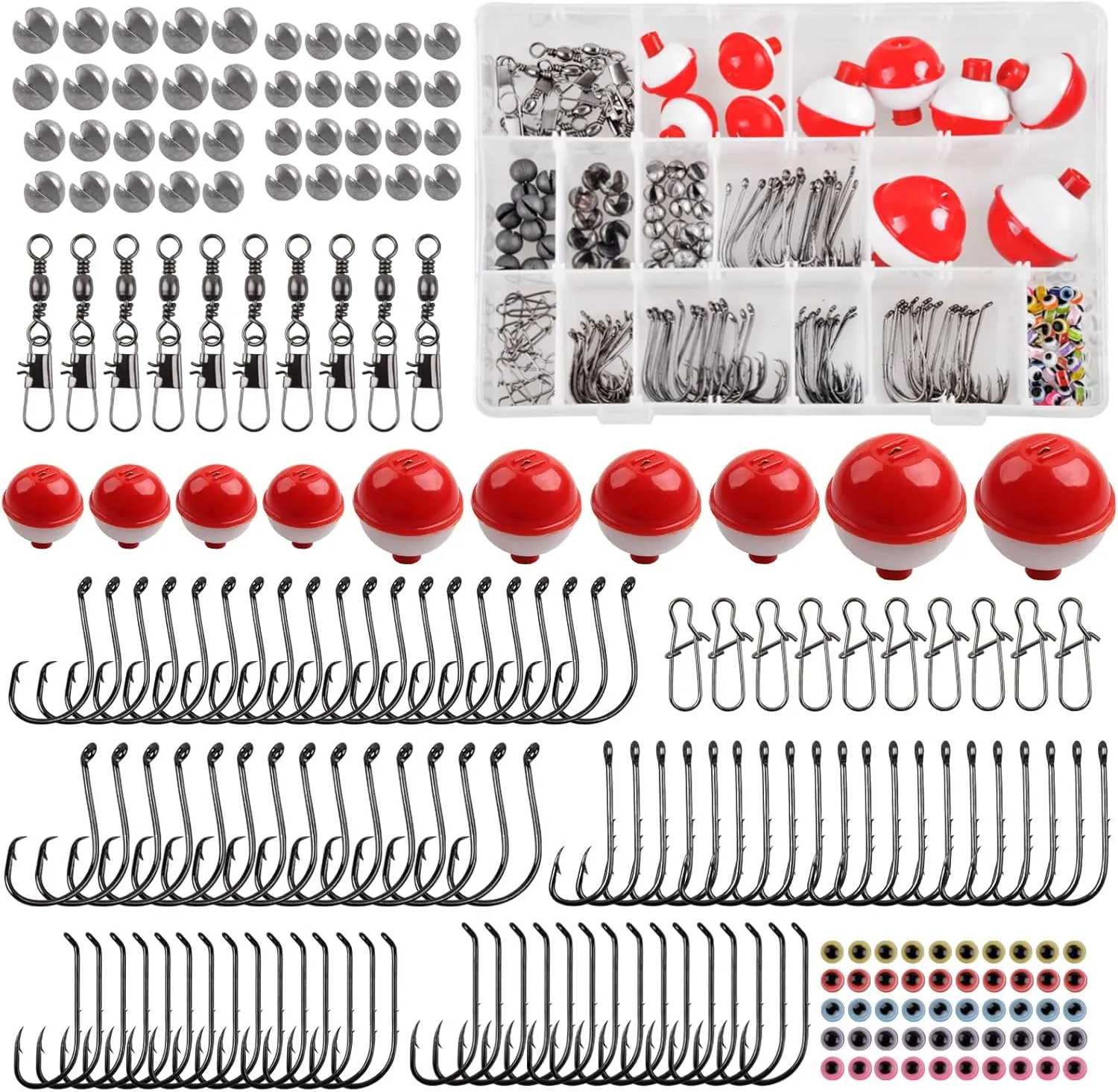 Fishing Bobbers Tackle Kit, 205pcs Basic Tackle Box Fishing Accessories Included Fish Hooks, Bobbers, Weights Sinkers, Swivel Snaps, Fishing Equipment Starter Kit for Trout Catfish Panfish