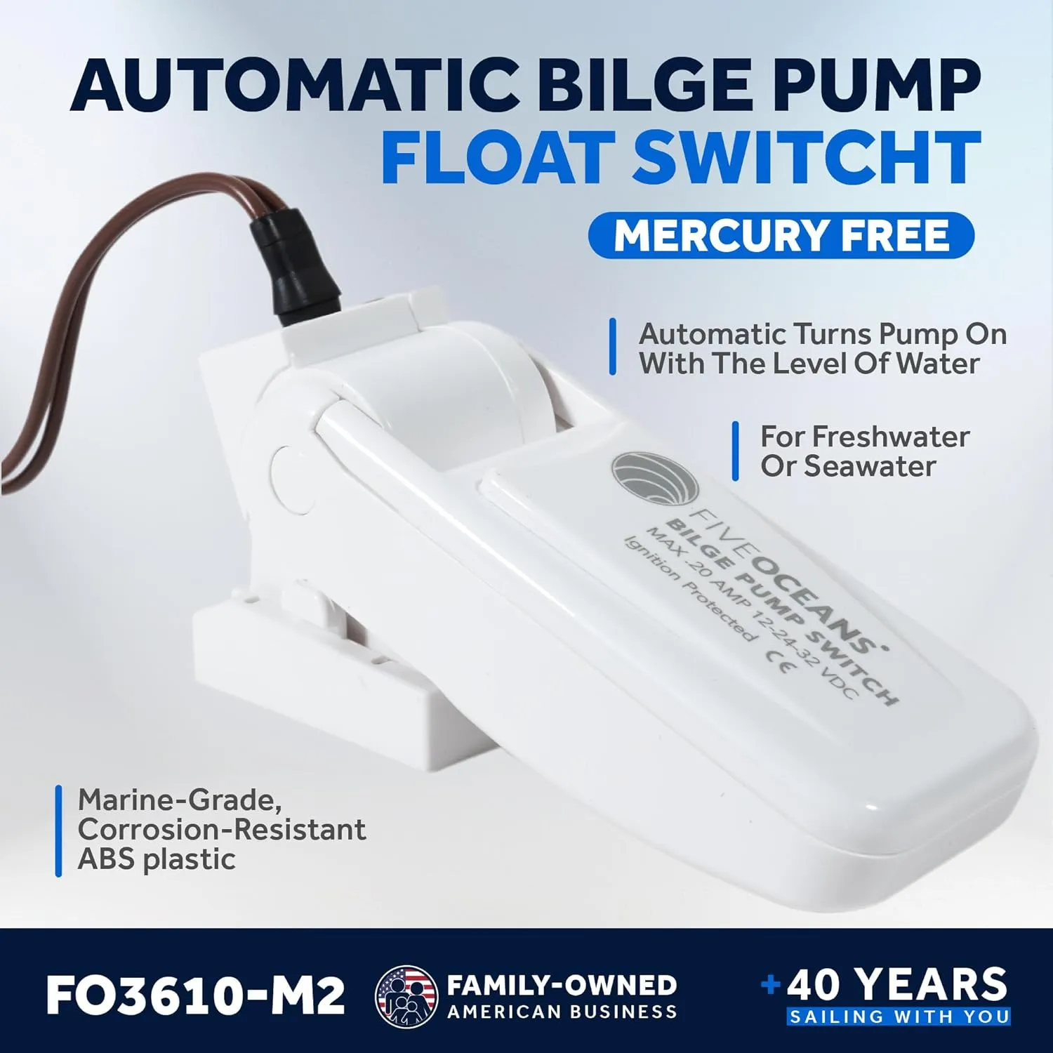 Five Oceans 12-24-32-Volts Automatic Boat Bilge Pump Float Switch for Electric Water Pump, Heavy-Duty Flow Sensor Float Switch for Boat Bilge Pump, Mercury Free, 20-Amps Max, 2-Pack - FO3610-M2
